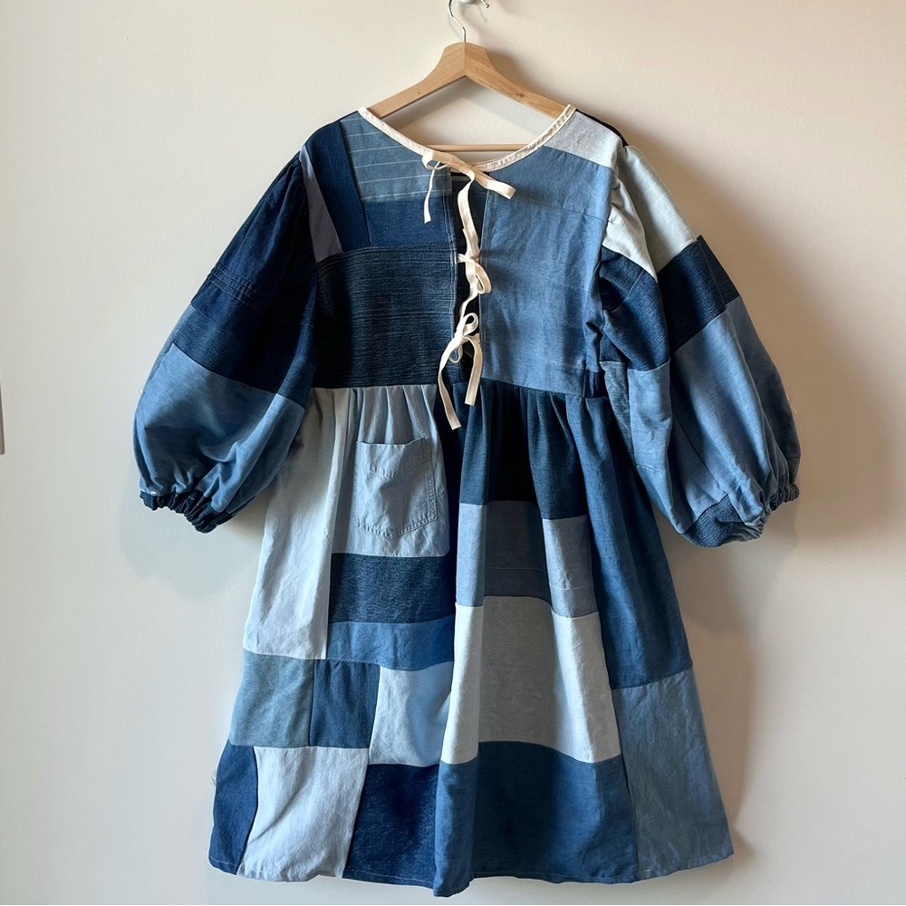Handmade Denim Patchwork Quilted Puff Sleeves Cottage Dress SKU 04117 - Picture 2 of 16